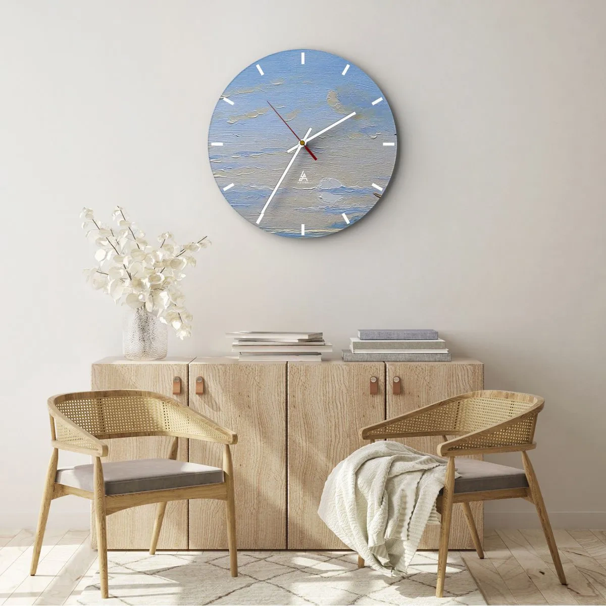 Nástěnné hodiny - Plachetnice na břehu s lidmi na pozadí oblohy a moře - 30x30cm - Voda, země, vzduch - Moderní nástěnná dekorace do obývacího pokoje, kuchyně a ložnice ARTTOR