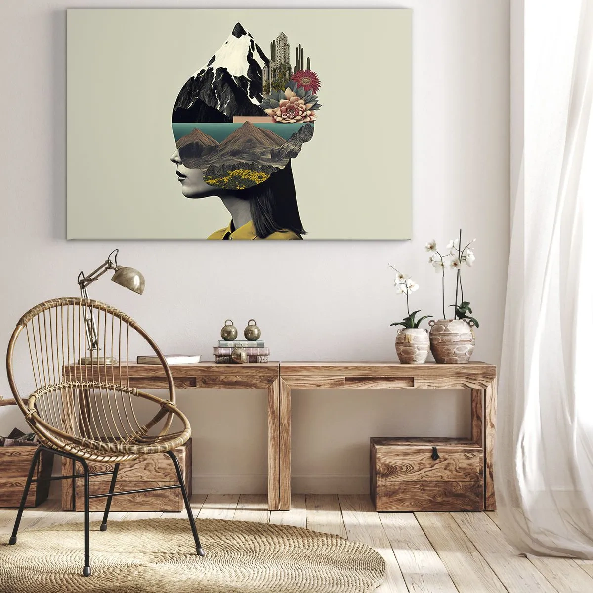 Obraz na plátně - Koláž ženy s horskou krajinou a květinami - 70x50cm - Žena – vždy tajemství - Moderní nástěnná dekorace do obývacího pokoje a ložnice ARTTOR