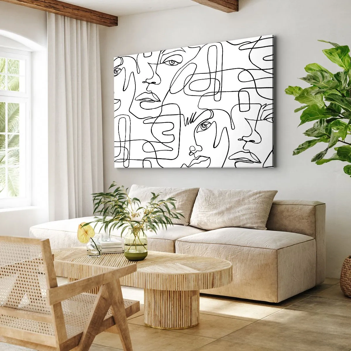 Obraz na plátně - Minimalistická kresba obličeje s linkami na světlém pozadí. - 70x50cm - Ve spletených emocích - Moderní nástěnná dekorace do obývacího pokoje a ložnice ARTTOR