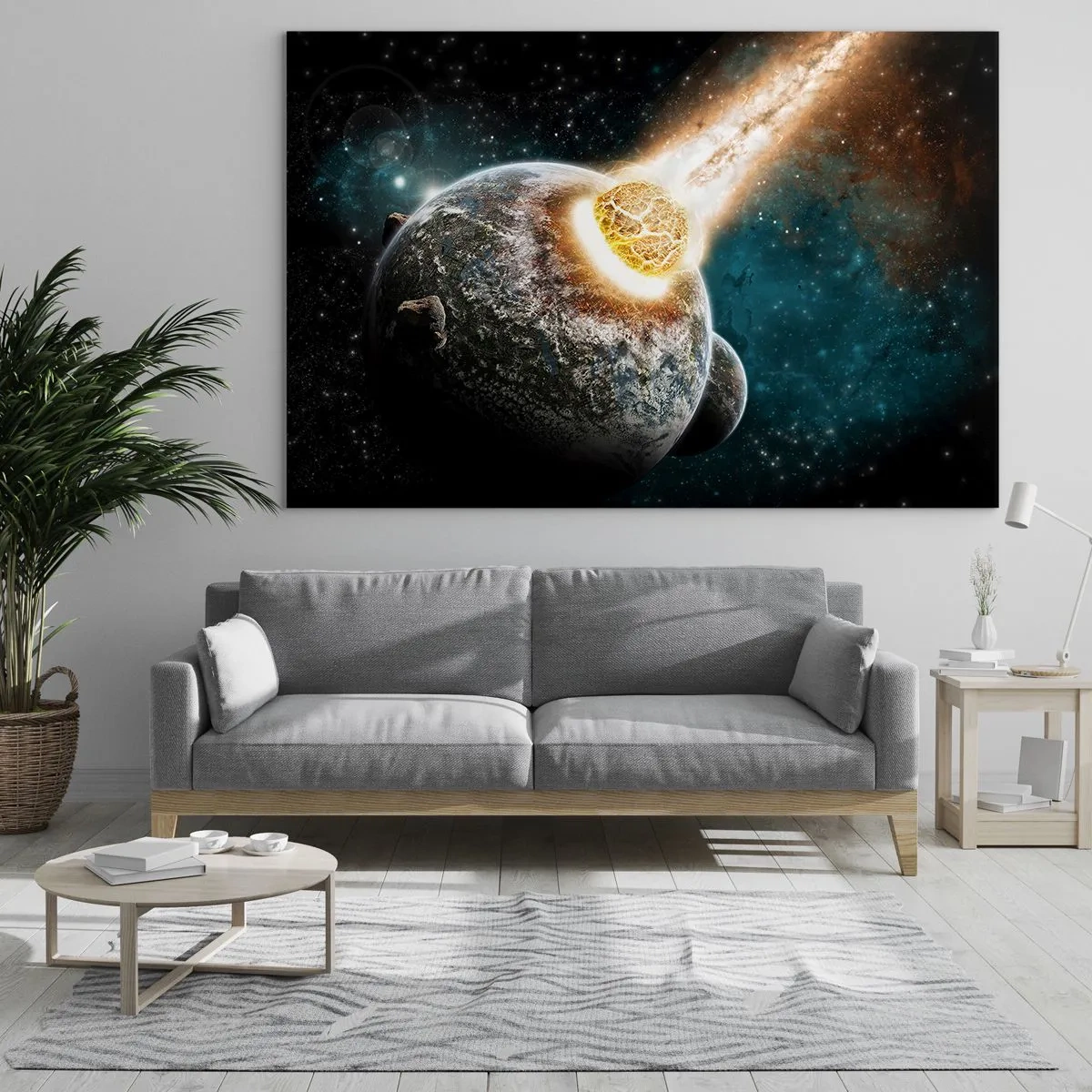 Obraz na skle - Srážka planety s meteoritem - 70x50cm - Zničení nebo narození? - Moderní nástěnná dekorace do obývacího pokoje a ložnice ARTTOR