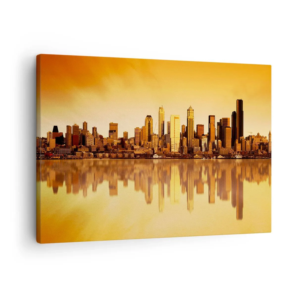 Obraz na plátně - Panorama města odrážející se ve vodě při západu slunce - 70x50cm - Ticho metropole - Moderní nástěnná dekorace do obývacího pokoje a ložnice ARTTOR