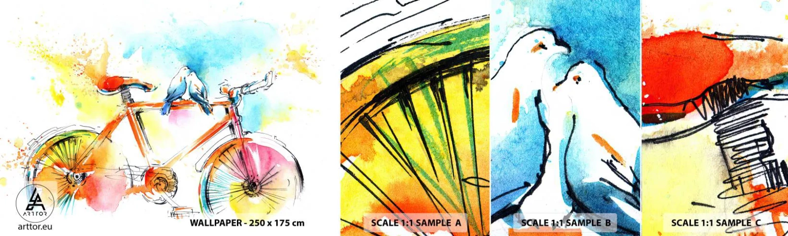 Vzor Fototapety Samolepicí Deluxe Sticker - Ve dvou na kole - Abstrakce, Jízdní kolo, Ptactvo - 100x30 cm