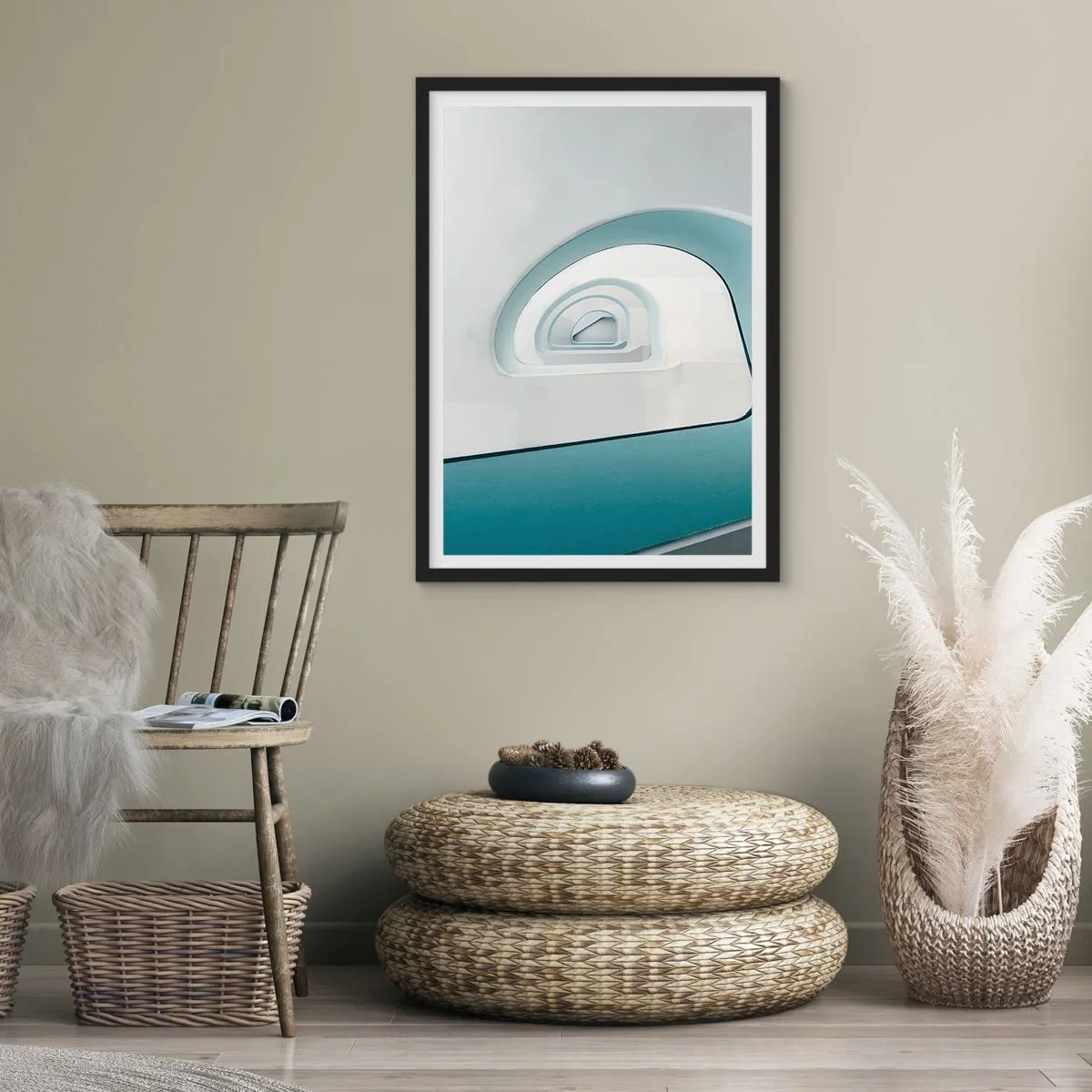Plakát v černém rámu - Moderní zakřivené linie a architektonické struktury v jasných barvách - 50x70cm - Na dno modré - Moderní nástěnná dekorace do obývacího pokoje a ložnice ARTTOR