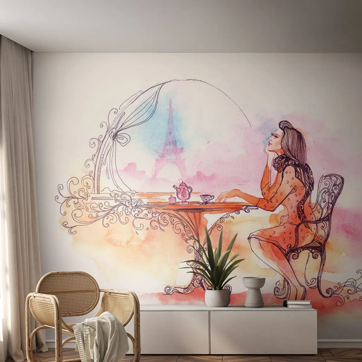 Fototapeta Samolepicí Deluxe Sticker - Pařížská elegance - Paříž, Žena, Eiffelova věž - 250x175 cm