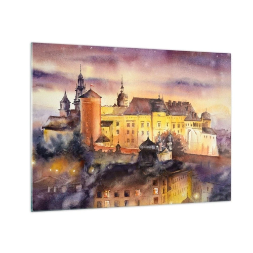Obraz na skle - Akvarelová ilustrace hradu na kopci při západu slunce - 70x50cm - Historie a pohádka - Moderní nástěnná dekorace do obývacího pokoje a ložnice ARTTOR