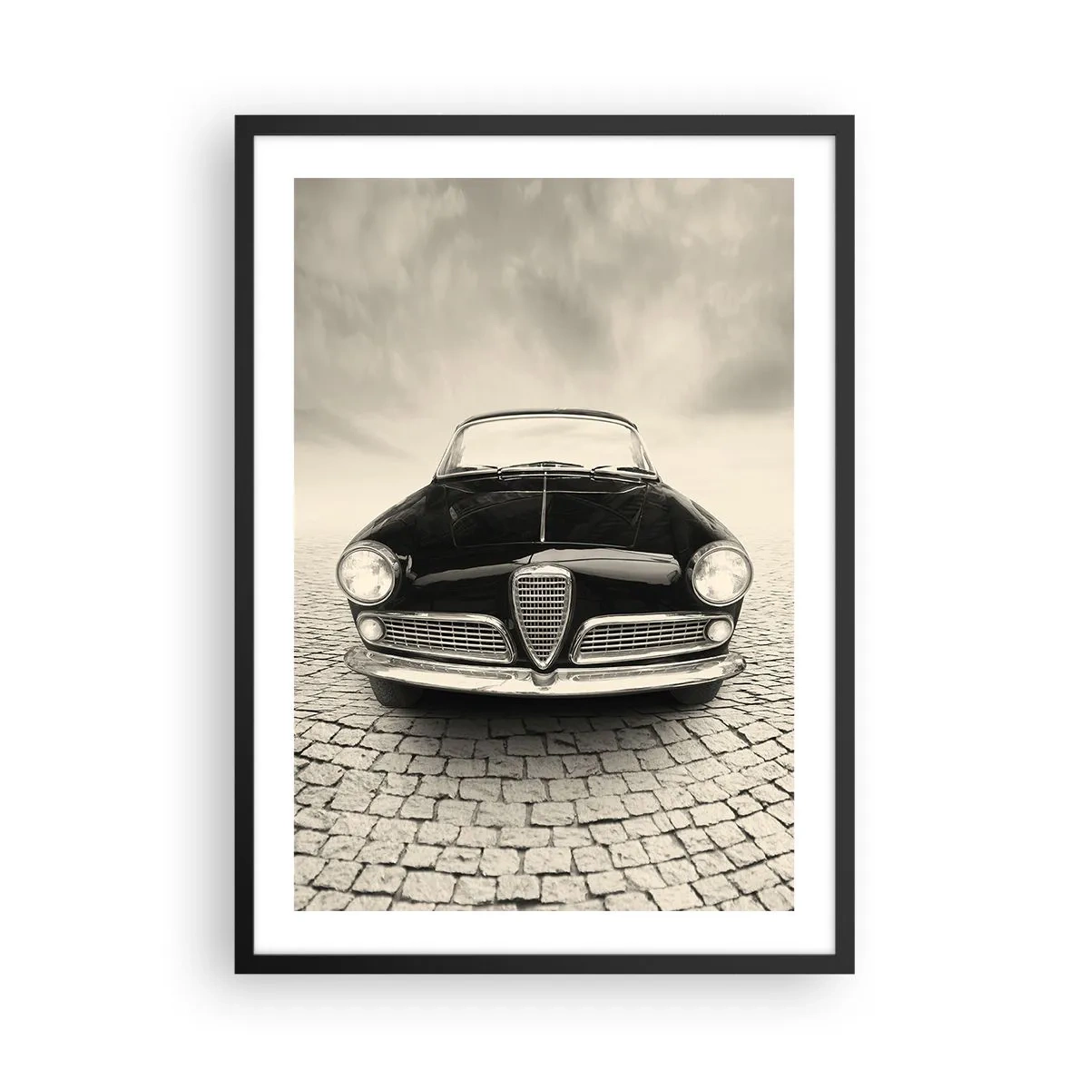 Plakát v černém rámu - Přední část klasického auta na dlážděné ulici - 50x70cm - Jak mě nemilovat? - Moderní nástěnná dekorace do obývacího pokoje a ložnice ARTTOR