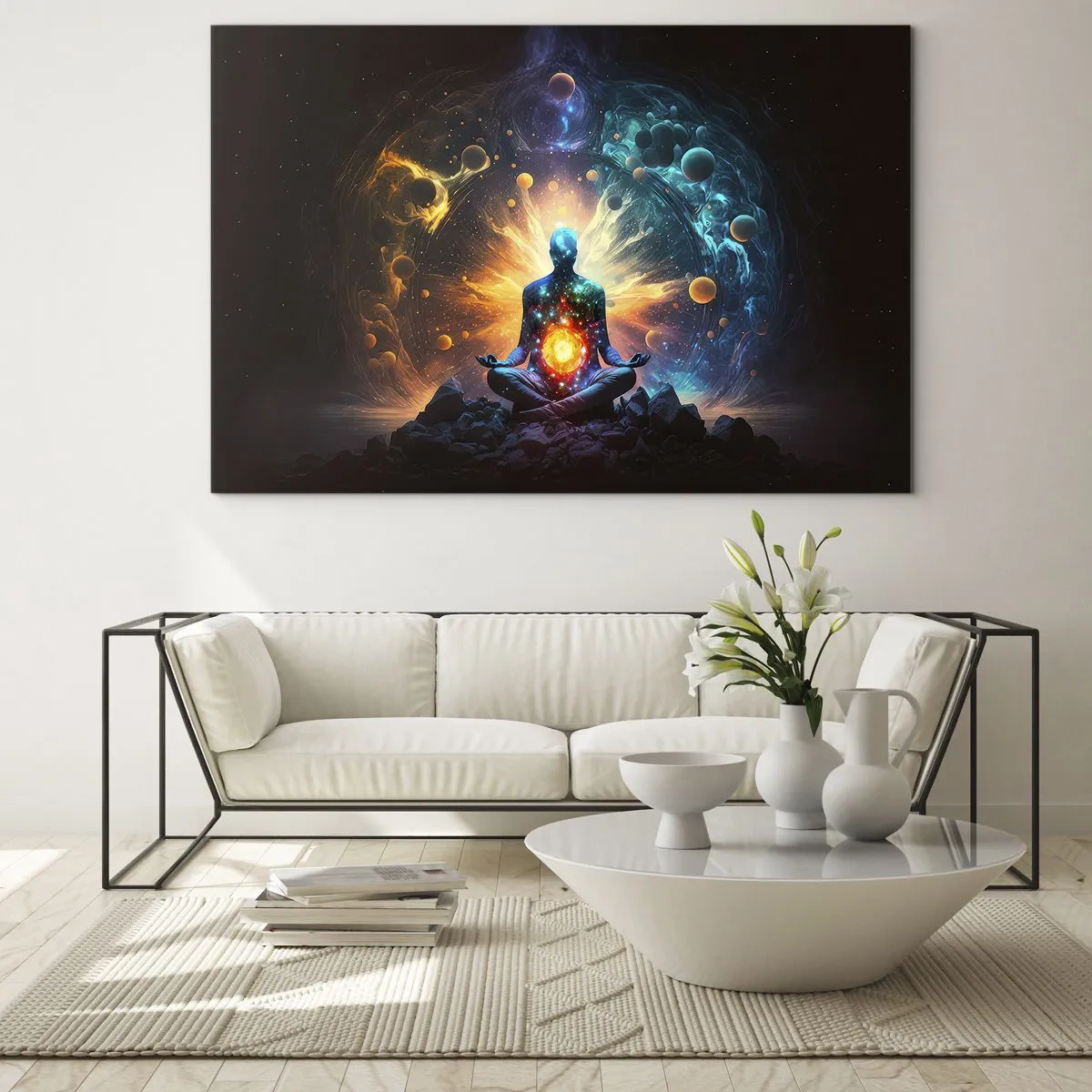 Obraz na skle - Meditující silueta v kosmické explozi barev - 70x50cm - Vesmírný klid - Moderní nástěnná dekorace do obývacího pokoje a ložnice ARTTOR