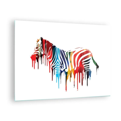Obraz na skle - Barevná zebra v abstraktní podobě s efektem kapající barvy. - 70x50cm - Nejenom černo-bílý - Moderní nástěnná dekorace do obývacího pokoje a ložnice ARTTOR