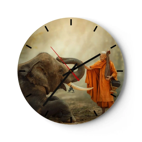 Nástěnné hodiny - Buddhistický mnich a slon v klidném přírodním prostředí - 30x30cm - Setkání na cestách - Moderní nástěnná dekorace do obývacího pokoje, kuchyně a ložnice ARTTOR