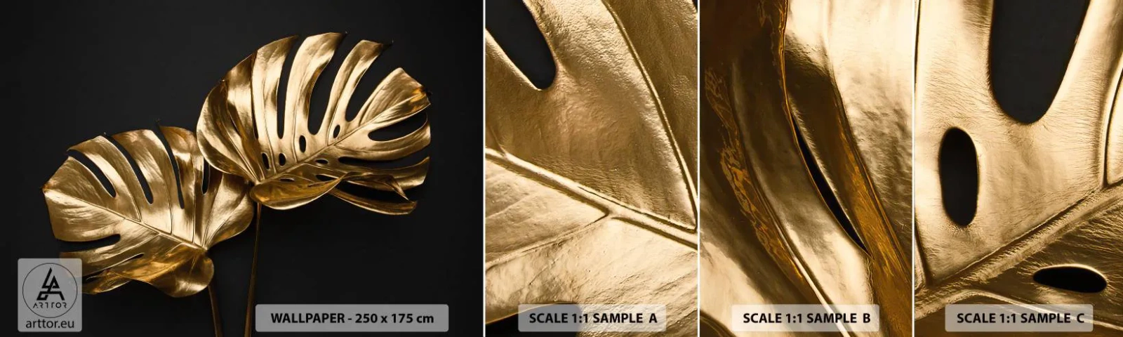 Vzor Fototapety Samolepicí Deluxe Sticker - Poklady přírody - Abstrakce, Zlaté listy, List Monstera - 100x30 cm