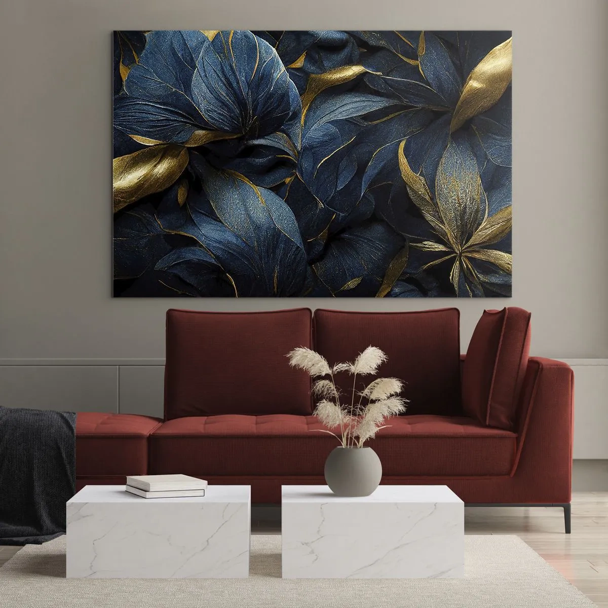 Obraz na skle - Tmavě modré listy s jemnými zlatými akcenty - 70x50cm - Podšívané zlatem - Moderní nástěnná dekorace do obývacího pokoje a ložnice ARTTOR