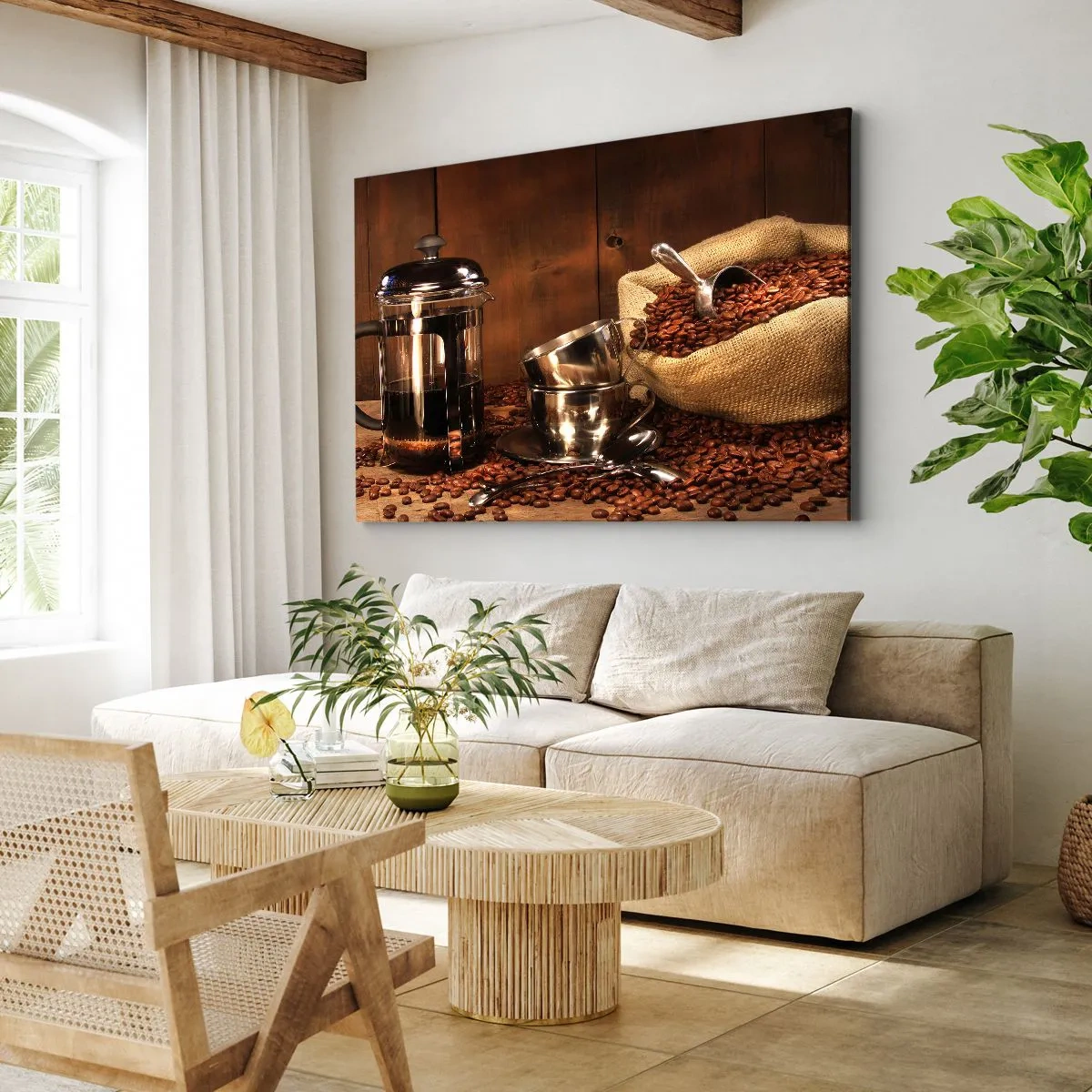 Obraz na plátně - French press, šálky a sáček kávy na dřevěném pozadí - 70x50cm - Kouzlo kávy - aroma a chuť - Moderní nástěnná dekorace do obývacího pokoje a ložnice ARTTOR