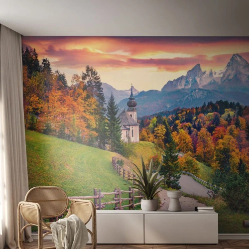 Fototapeta Premium Sand - Naprosto ideální krajina - Horská krajina, Cesta, Kostel - 100x70 cm