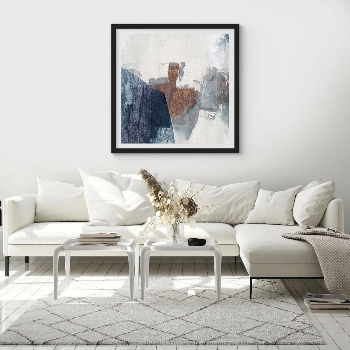 Plakát v černém rámu - Modro-hnědé tvary - 60x60 cm