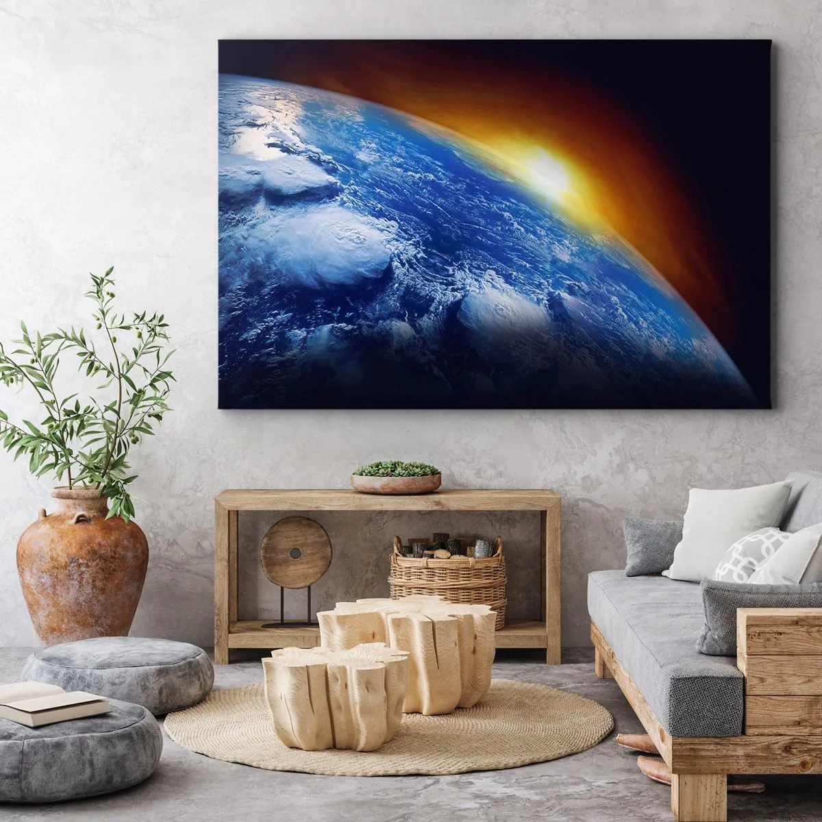 Obraz na plátně - Pohled na Zemi z vesmíru při západu slunce - 70x50cm - Východ slunce nad modrou planetou - Moderní nástěnná dekorace do obývacího pokoje a ložnice ARTTOR