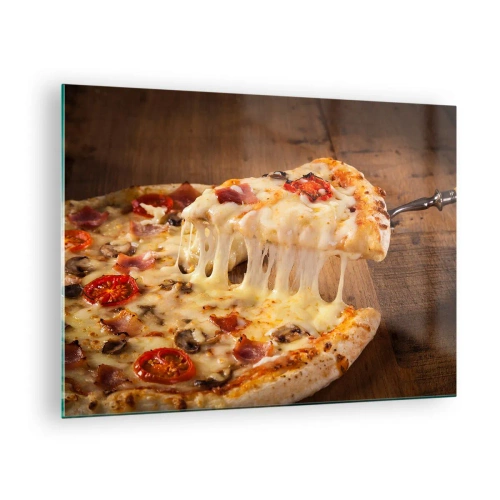 Obraz na skle - Pizza s vláknitým sýrem, rajčaty a šunkou na dřevěném pozadí - 70x50cm - Veledílo italského umění - Moderní nástěnná dekorace do obývacího pokoje a ložnice ARTTOR