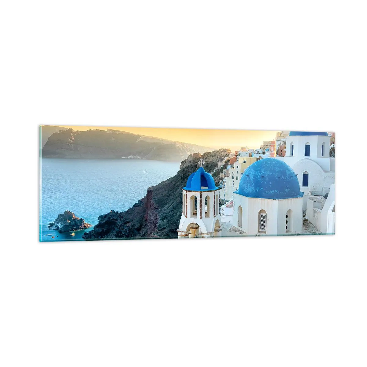 Obraz na skle - Santorini - přitulené ke skalám - 90x30 cm