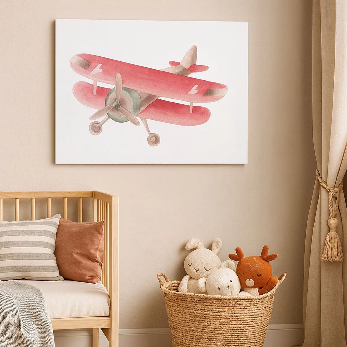 Obraz na plátně - Červené retro letadlo na bílém pozadí - 70x50cm - Připraven na vysoký let - Moderní nástěnná dekorace do obývacího pokoje a ložnice ARTTOR