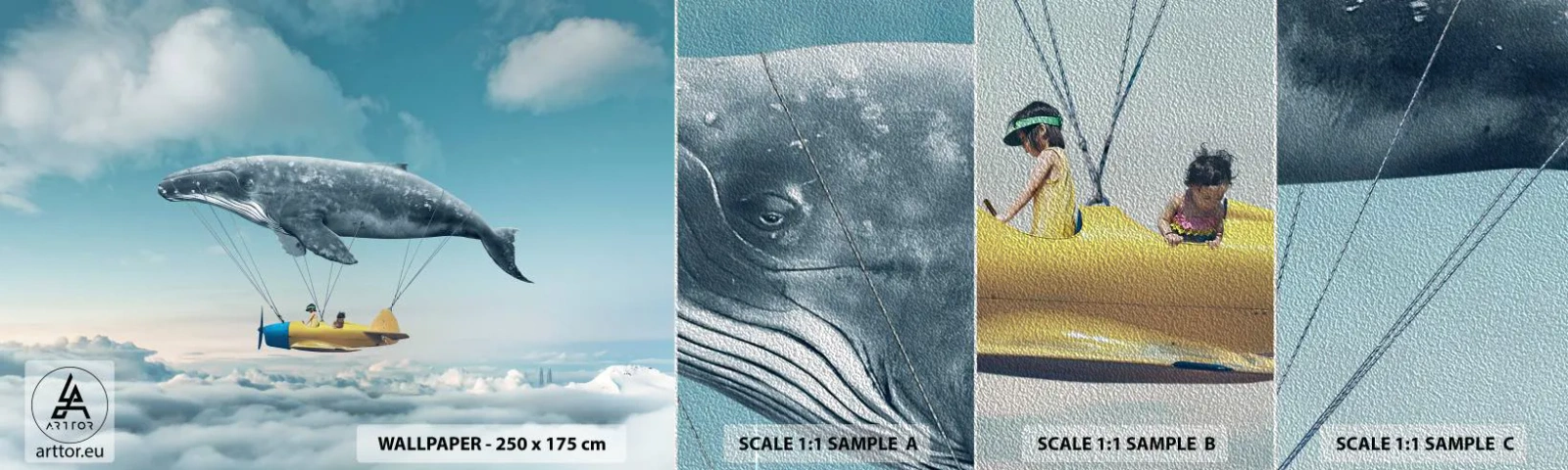 Vzor Fototapety Premium Sand - Proč ne? - Velryba, Děti, Letadlo - 100x30 cm