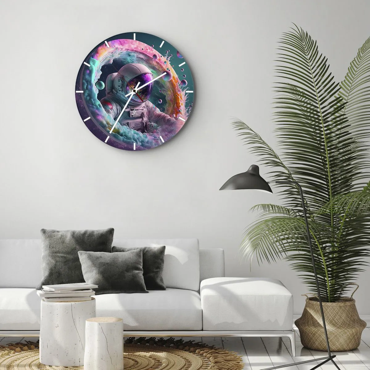 Nástěnné hodiny - Astronaut uprostřed kosmických barev a efektů podobných portálu - 30x30cm - Hvězdná brána - Moderní nástěnná dekorace do obývacího pokoje, kuchyně a ložnice ARTTOR