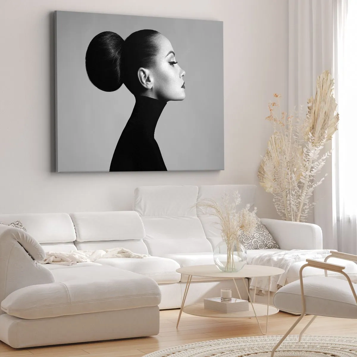 Obraz na plátně - Profil ženy v černé a bílé s elegantním drdolem - 70x50cm - Moderní Nefertiti - Moderní nástěnná dekorace do obývacího pokoje a ložnice ARTTOR
