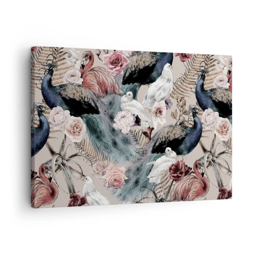 Obraz na plátně - Krajina s pavími pery, růžemi a ptáky v romantickém stylu. - 70x50cm - V palácové zahradě - Moderní nástěnná dekorace do obývacího pokoje a ložnice ARTTOR