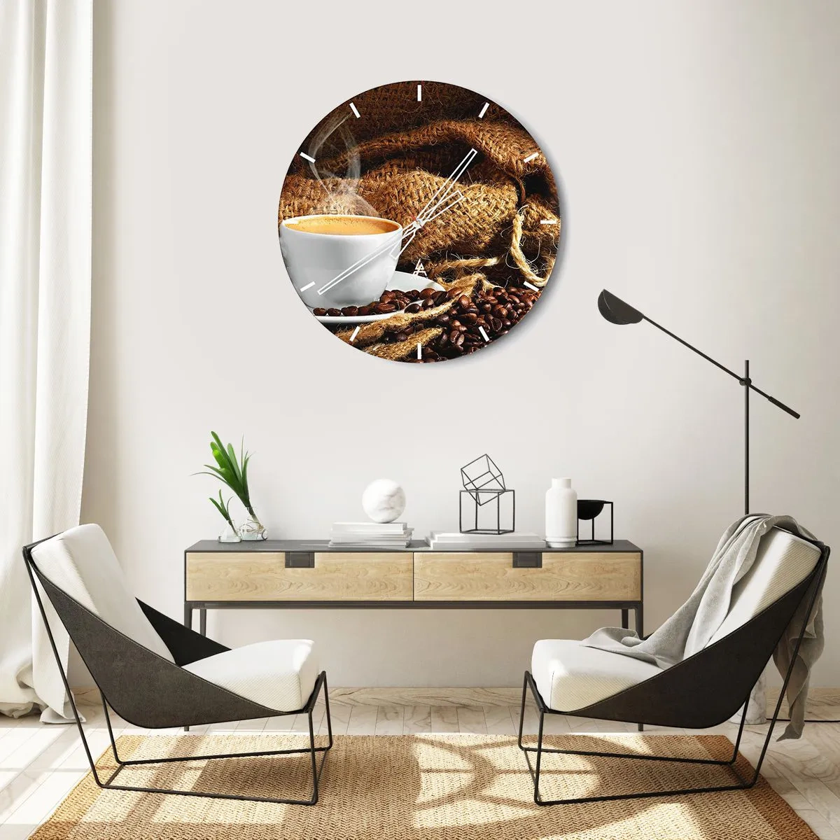 Nástěnné hodiny - Šálek kávy s fazolemi a jutovým pytlem na pozadí - 30x30cm - Vůně moka a hustota medové tekutiny - Moderní nástěnná dekorace do obývacího pokoje, kuchyně a ložnice ARTTOR