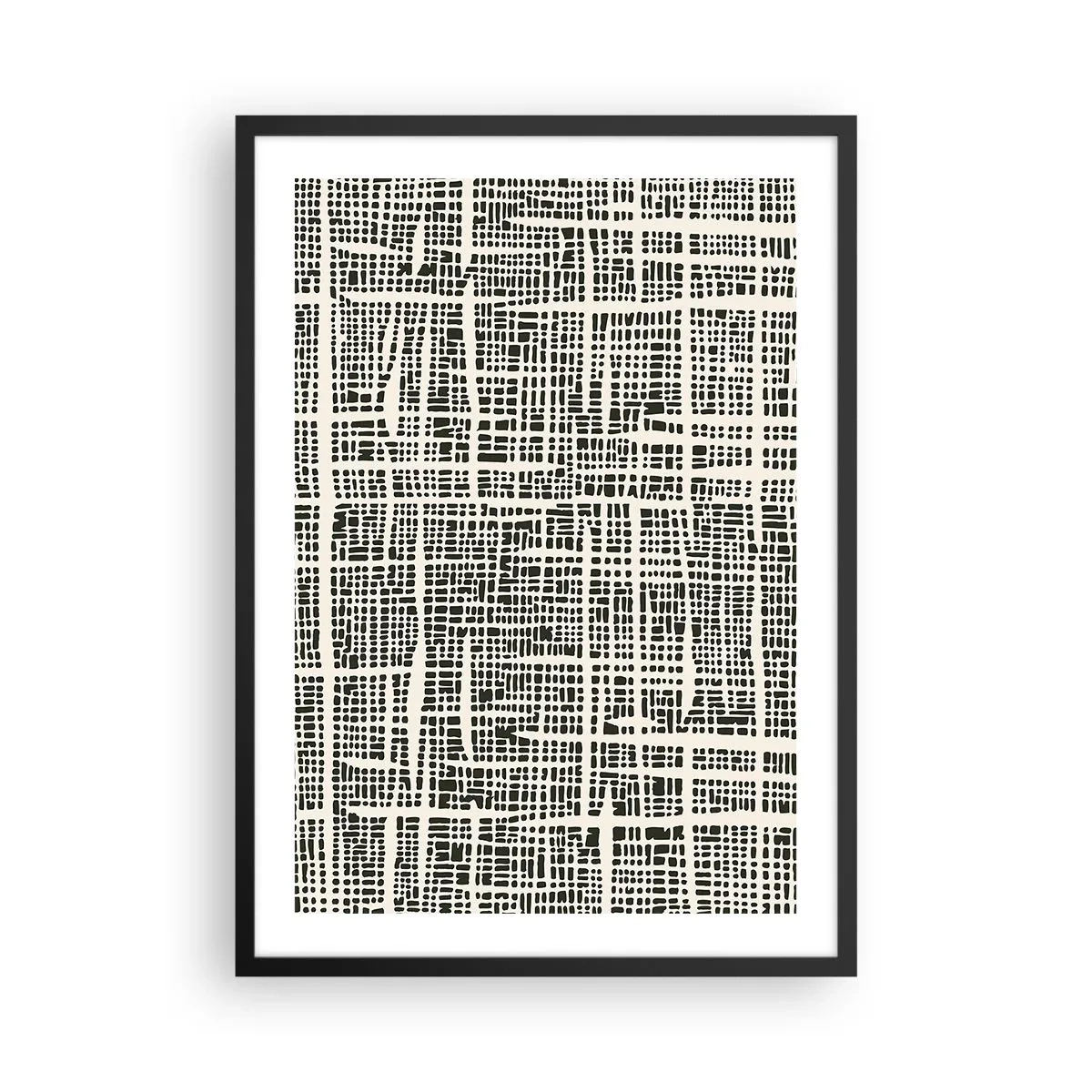 Plakát v černém rámu - Geometrický vzor v černé barvě na světlém pozadí - 50x70cm - Tkaná kompozice - Moderní nástěnná dekorace do obývacího pokoje a ložnice ARTTOR
