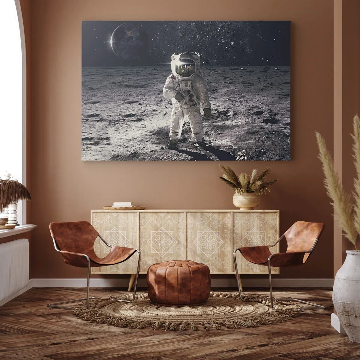 Obraz na plátně - Astronaut na povrchu Měsíce se Zemí v pozadí - 70x50cm - Pozdrav z Měsíce - Moderní nástěnná dekorace do obývacího pokoje a ložnice ARTTOR