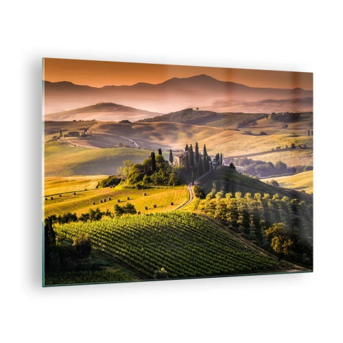 Obraz na skle - Toskánská krajina při východu slunce - 70x50cm - Arkádie - toskánská krajina - Moderní nástěnná dekorace do obývacího pokoje a ložnice ARTTOR