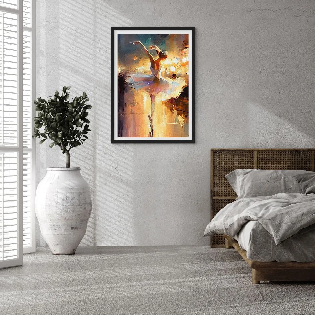 Plakát v černém rámu - Baletka ve zlatém světle jeviště - 50x70cm - Zázrak na ulici - Moderní nástěnná dekorace do obývacího pokoje a ložnice ARTTOR