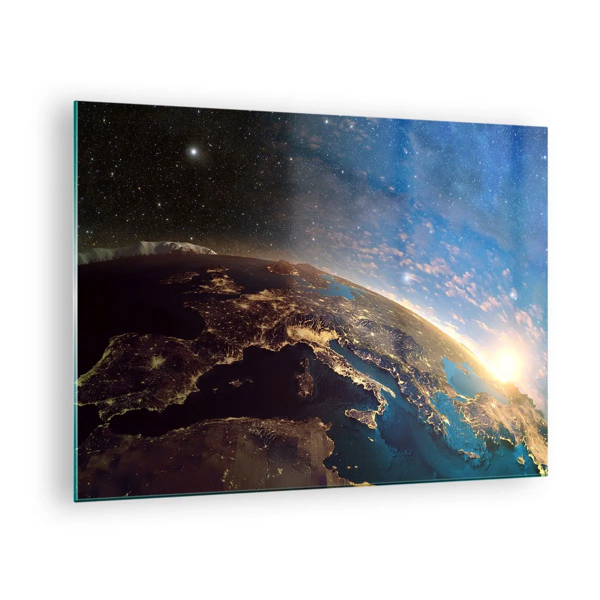 Obraz na skle - Pohled na Zemi z vesmíru s viditelným východem slunce - 70x50cm - Podívejme se na sebe s odstupem - Moderní nástěnná dekorace do obývacího pokoje a ložnice ARTTOR