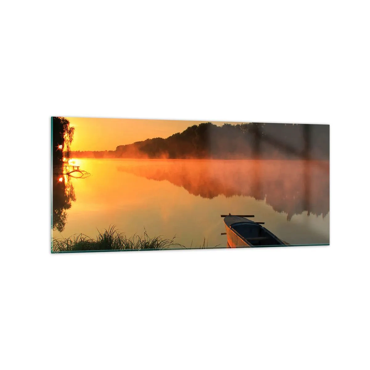 Obraz na skle - Východ slunce u vody jako povrch zrcadla - 120x50 cm
