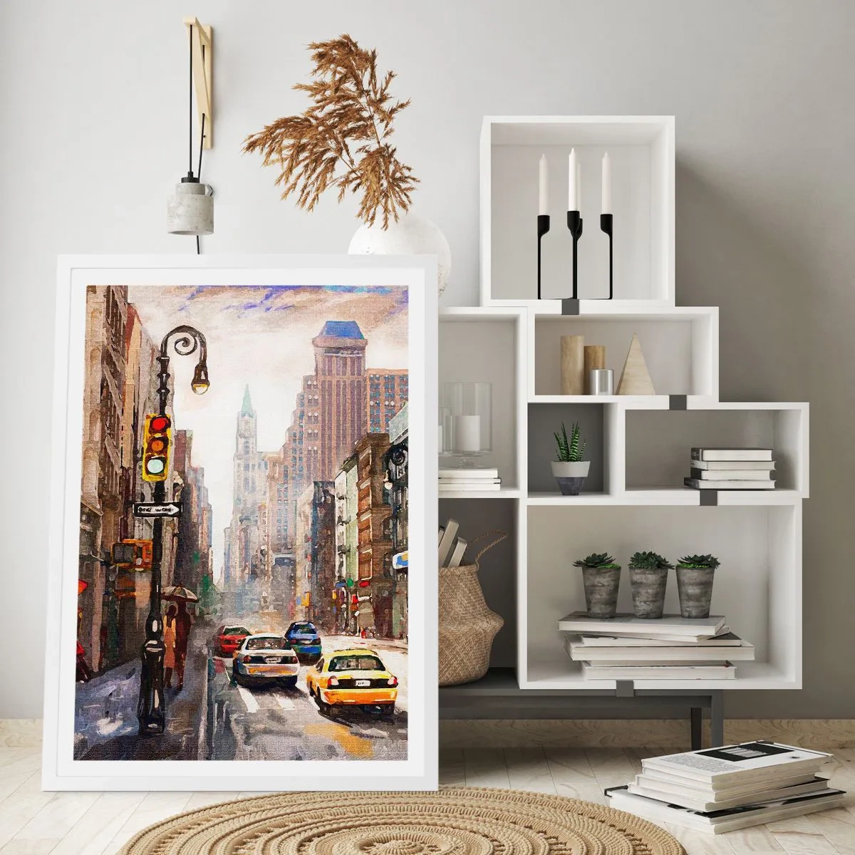 Plakát v bílém rámu - New York – barevný i v dešti - 50x70 cm