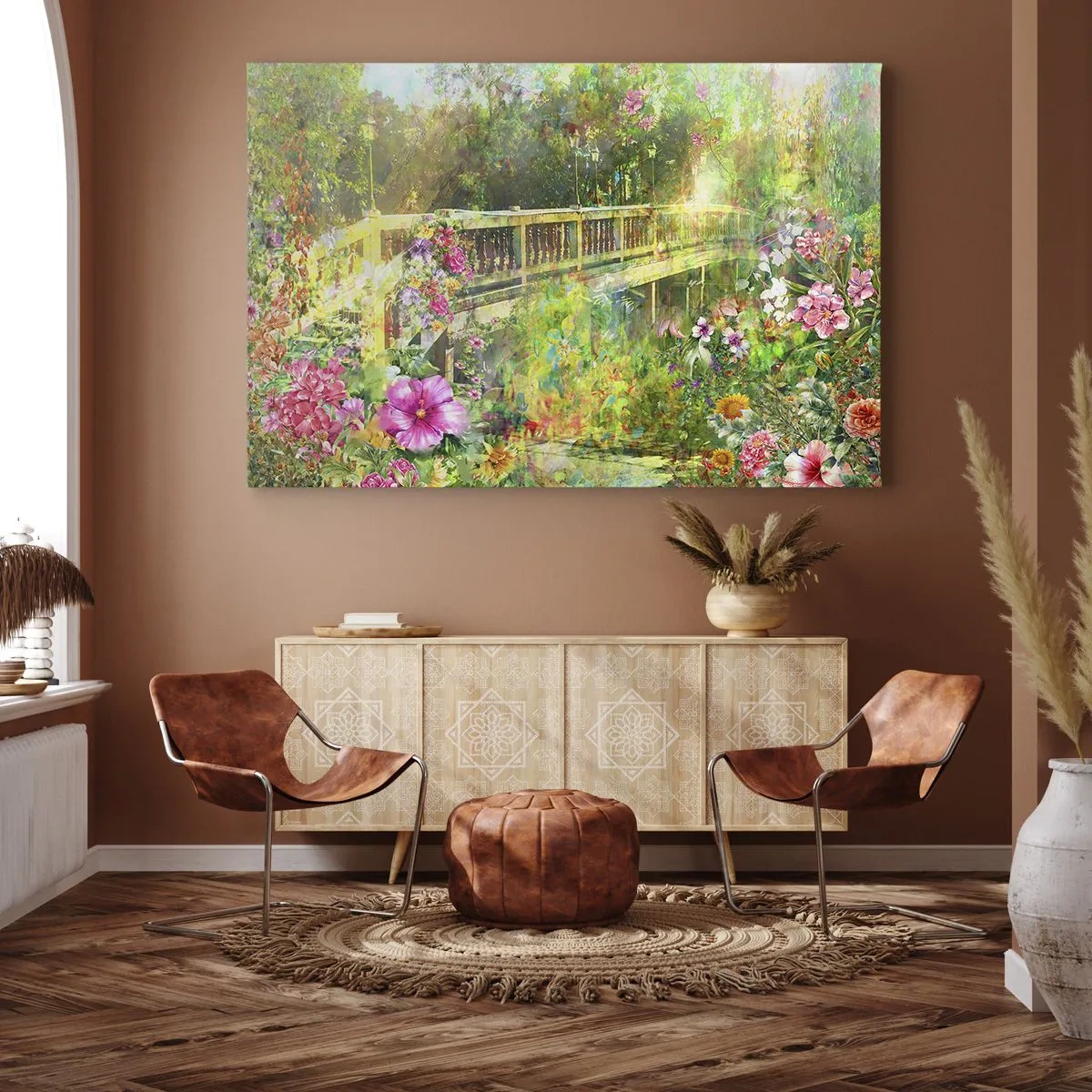 Obraz na plátně - Most obklopený bujnou vegetací a květinami - 70x50cm - Můstek jarního vzdychání - Moderní nástěnná dekorace do obývacího pokoje a ložnice ARTTOR