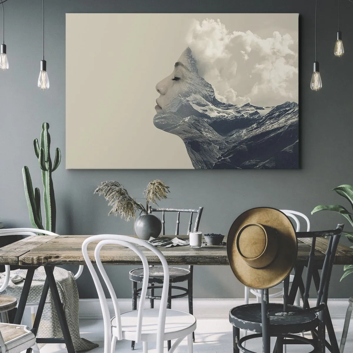 Obraz na plátně - Silueta ženy s horskou krajinou v pozadí - 70x50cm - Krása živlů - Moderní nástěnná dekorace do obývacího pokoje a ložnice ARTTOR
