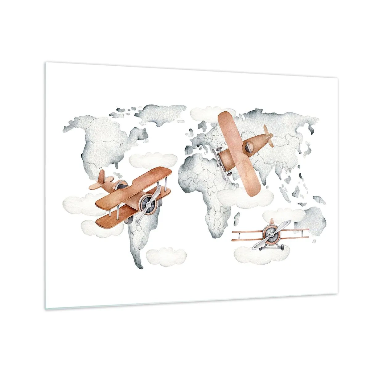 Obraz na skle - Retro mapa světa s letadly pro děti - 70x50cm - V průkopnickém duchu - Moderní nástěnná dekorace do obývacího pokoje a ložnice ARTTOR