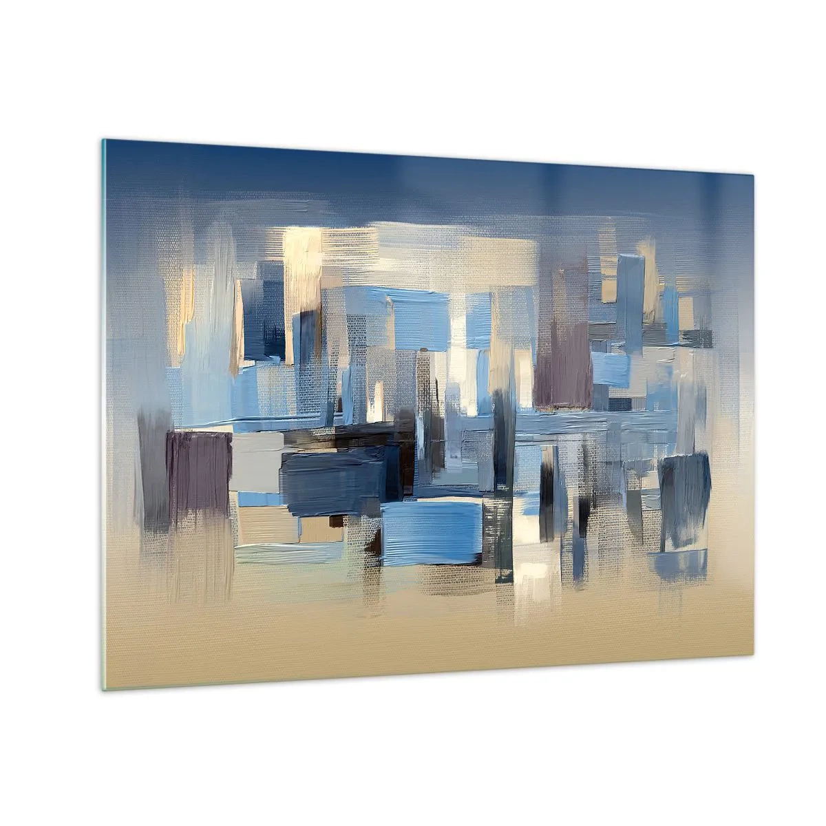 Obraz na skle - Geometrické tahy štětcem v odstínech modré a béžové - 70x50cm - Modrá konstrukce - Moderní nástěnná dekorace do obývacího pokoje a ložnice ARTTOR