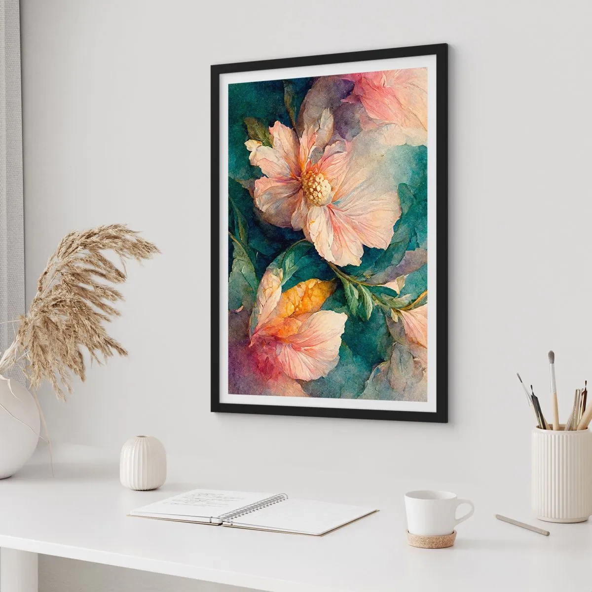 Plakát v černém rámu - Jemné květiny ve stylu akvarelu - 50x70cm - Čirá subtilnost - Moderní nástěnná dekorace do obývacího pokoje a ložnice ARTTOR