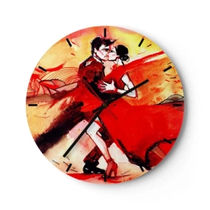Nástěnné hodiny - Pár tančící tango v odstínech červené a zlaté - 30x30cm - Purpurový rytmus náruživostí - Moderní nástěnná dekorace do obývacího pokoje, kuchyně a ložnice ARTTOR