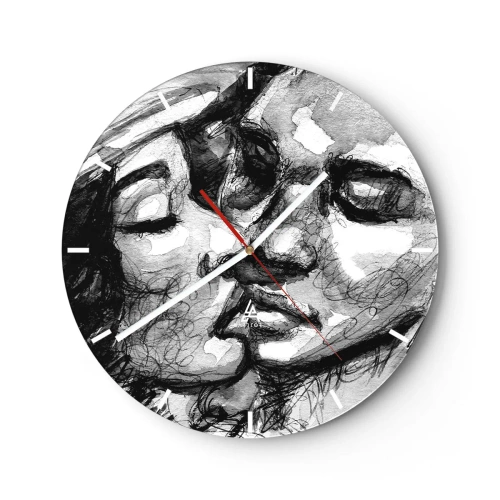 Nástěnné hodiny - Černobílá skica líbajícího se páru - 30x30cm - Něžný okamžik - Moderní nástěnná dekorace do obývacího pokoje, kuchyně a ložnice ARTTOR