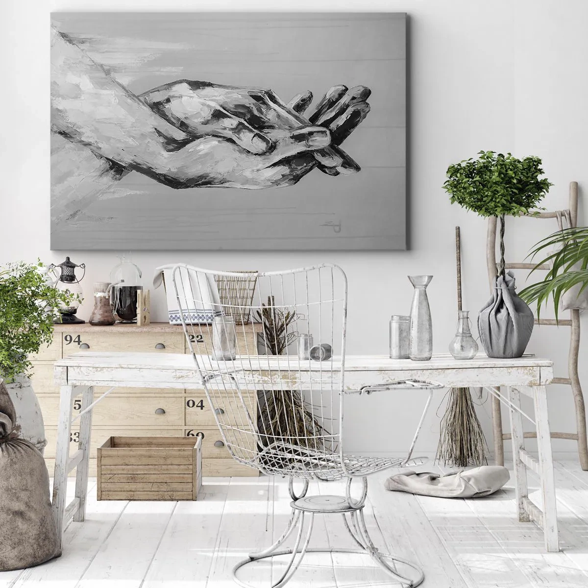 Obraz na plátně - Černobílá kompozice dvou sepjatých rukou na světlém pozadí. - 70x50cm - Začátek… - Moderní nástěnná dekorace do obývacího pokoje a ložnice ARTTOR