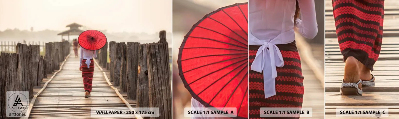 Vzor Fototapety Samolepicí Deluxe Sticker - Na starém mostě - Deštník, Barma, Dřevěný most - 100x30 cm