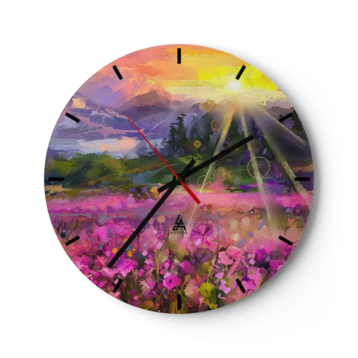 Nástěnné hodiny - Barevná louka na slunci s abstraktní krajinou - 30x30cm - V údolí v péči slunce - Moderní nástěnná dekorace do obývacího pokoje, kuchyně a ložnice ARTTOR