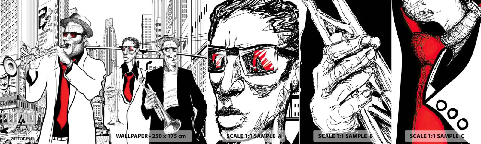 Vzor Fototapety Samolepicí Deluxe Sticker - Městská rapsodie v černé a červené - New York, Jazz, Hudba - 100x30 cm