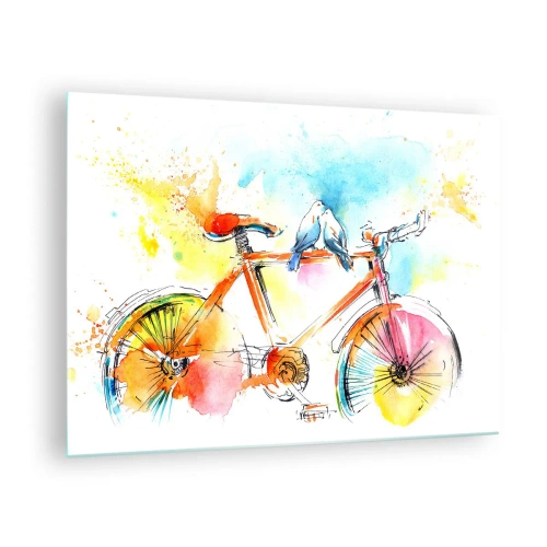 Obraz na skle - Barevné kolo s ptáky sedícími na řídítkách - 70x50cm - Ve dvou na kole - Moderní nástěnná dekorace do obývacího pokoje a ložnice ARTTOR