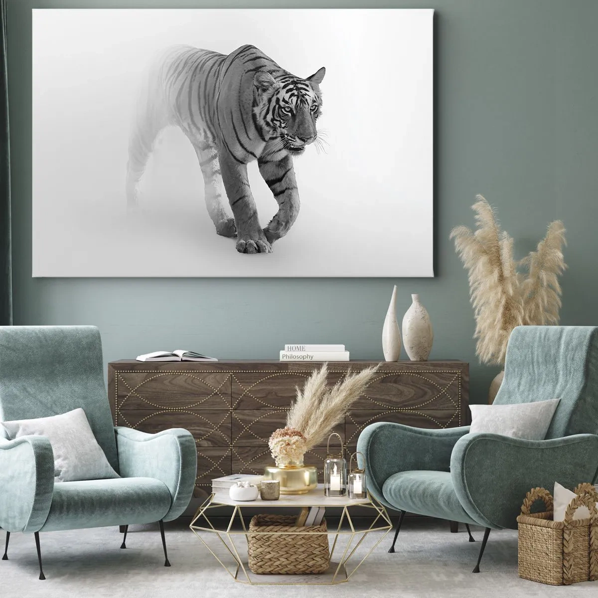 Obraz na plátně - Tygr vycházející z mlhy - 70x50cm - Přikrčený v mlze - Moderní nástěnná dekorace do obývacího pokoje a ložnice ARTTOR