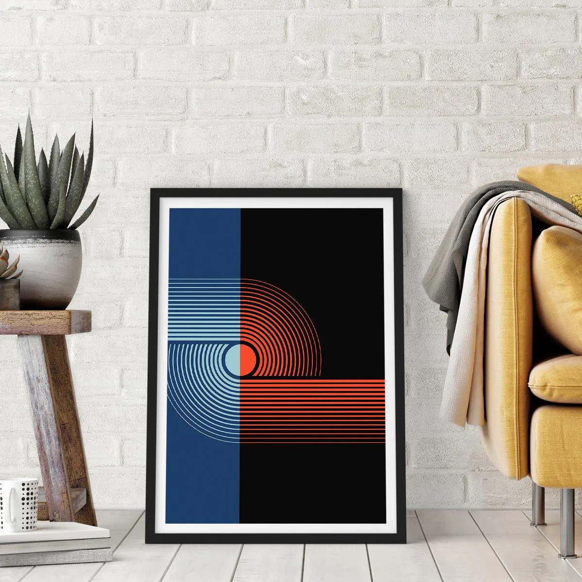 Plakát v černém rámu - Geometrická kompozice s čarami v tmavě modré a oranžové barvě. - 50x70cm - V geometrickém objetí - Moderní nástěnná dekorace do obývacího pokoje a ložnice ARTTOR
