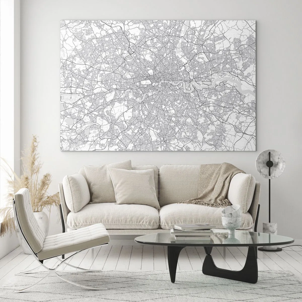 Obraz na skle - Černobílá mapa s hustou mřížkou ulic v minimalistickém stylu. - 70x50cm - Mapa londýnského labyrintu - Moderní nástěnná dekorace do obývacího pokoje a ložnice ARTTOR