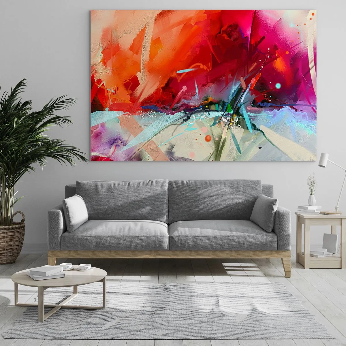 Obraz na skle - Abstraktní exploze barev a světel v dynamické kompozici. - 70x50cm - Exploze světel a barev - Moderní nástěnná dekorace do obývacího pokoje a ložnice ARTTOR